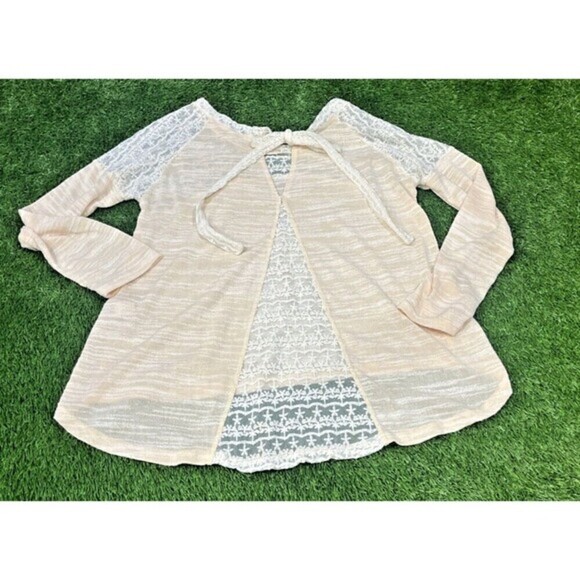 Anthropologie hazel Light Weight Long Sleeve Semi-Sheer Cream Sweater w/ Lace M - Picture 7 of 7